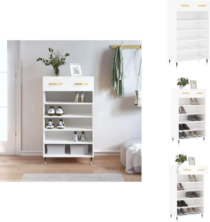 VidaXL Schoenenrek Schoenenrekken Opbergrek Voor Schoenen Schoenenkast 60x35x105 cm bewerkt hout wit - Foto 6