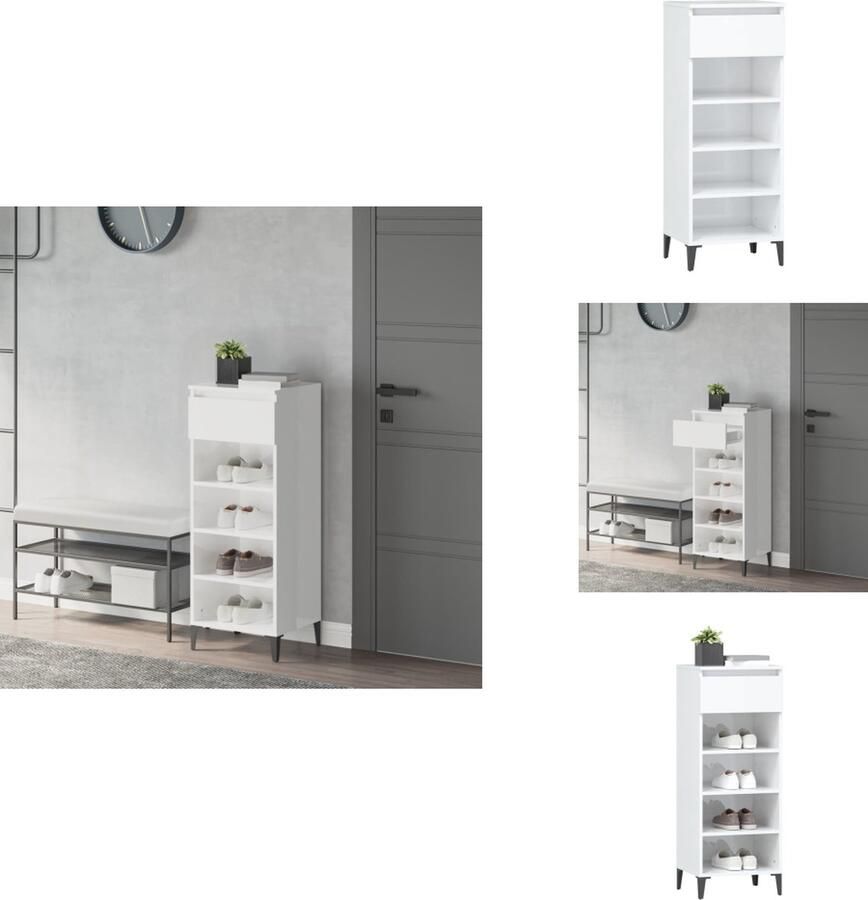 VidaXL Schoenenrek Schoenenrekken Opbergrek Voor Schoenen Schoenenopbergkast Schoenenrek 40x36x105 cm bewerkt hout hoogglans wit - Foto 2