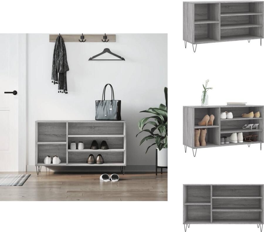 The Living Store Schoenenkast Grijs Sonoma Eiken 102x36x60 cm Bewerkt hout en metaal Schoenenkast Schoenuitlegers Bergruimte Houten Schoenenkast Grijze Schoenenkast - Foto 4