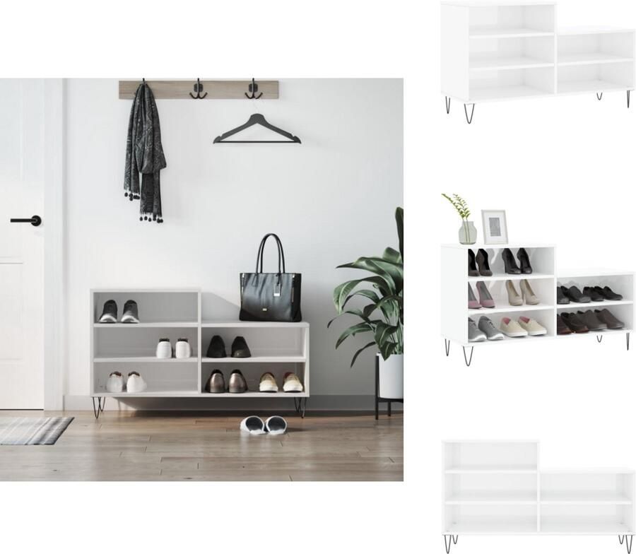 VidaXL Schoenenrek Schoenenrekken Opbergrek Voor Schoenen Schoenenstellage Schoenenkast 102x36x60 cm bewerkt hout hoogglans wit - Foto 6