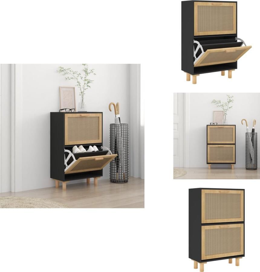 VidaXL Schoenenrek Schoenenrekken Opbergrek Voor Schoenen Schoenenstellage Schoenenkast 52x25x80 cm bewerkt hout en rattan zwart