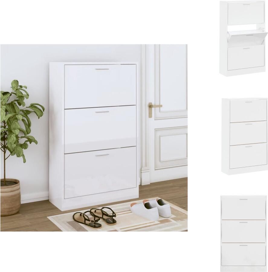 VidaXL Schoenenrek Schoenenrekken Opbergrek Voor Schoenen Schoenenstellage Schoenenkast 63x24x103 cm bewerkt hout hoogglans wit