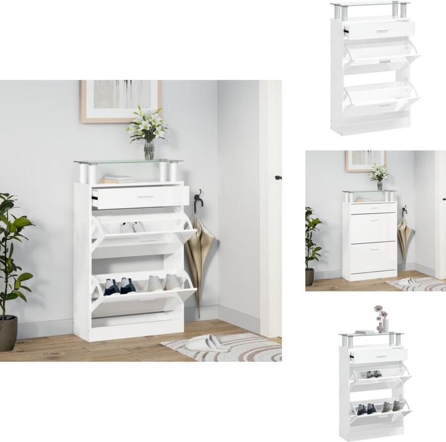 VidaXL Schoenenrek Schoenenrekken Opbergrek Voor Schoenen Schoenenstellage Schoenenkast 63x24x104 cm bewerkt hout hoogglans wit