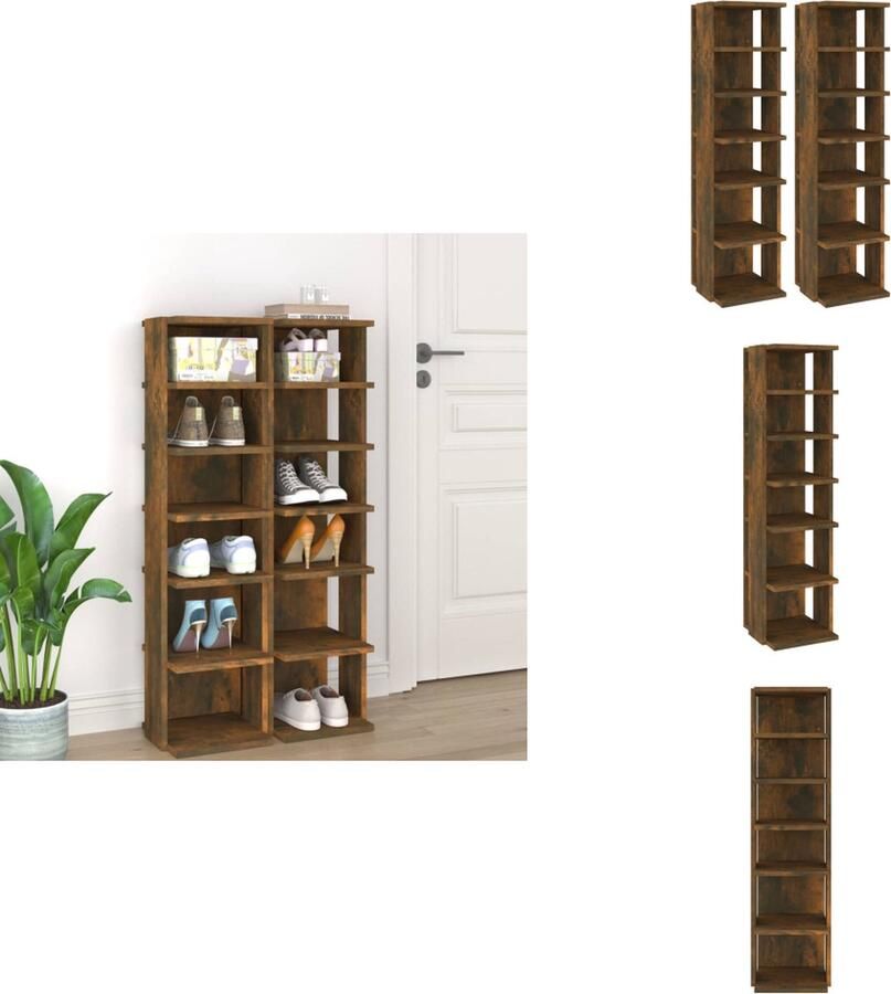 VidaXL Schoenenrek Schoenenrekken Opbergrek Voor Schoenen Schoenenstellage Schoenenrekken 2 st 27-5x27x102 cm bewerkt hout gerookt eiken - Foto 2