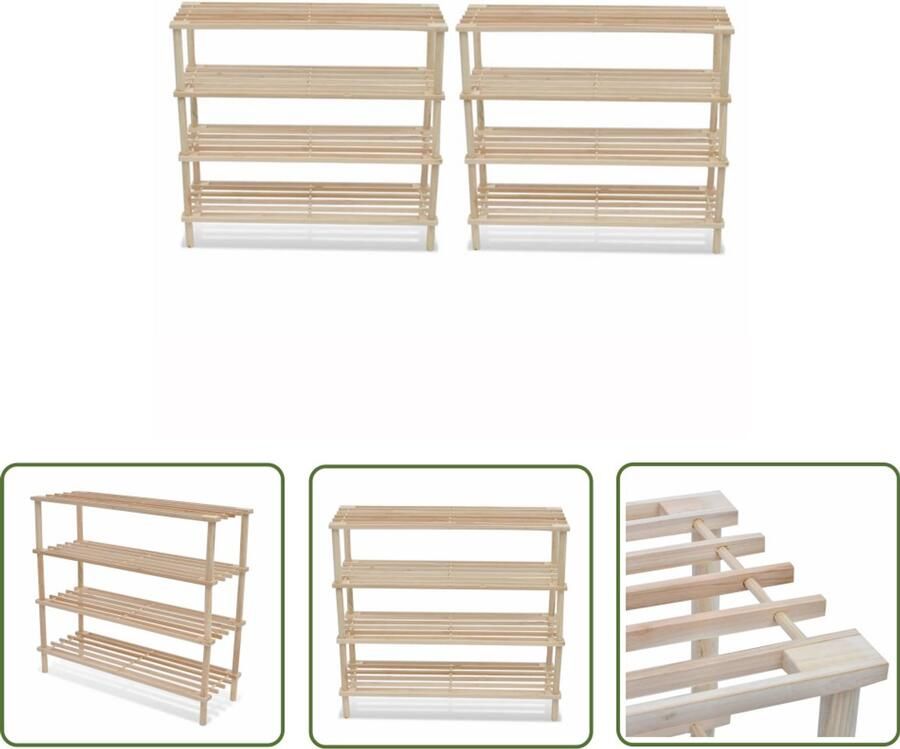 VidaXL Schoenenrekken 4 lagen massief vurenhout Houten Schoenenrek Schoenenkast Schoenuitlegers Entree Meubilair Bergruimte Organiseren Schoenen Vintage Schoenenkast