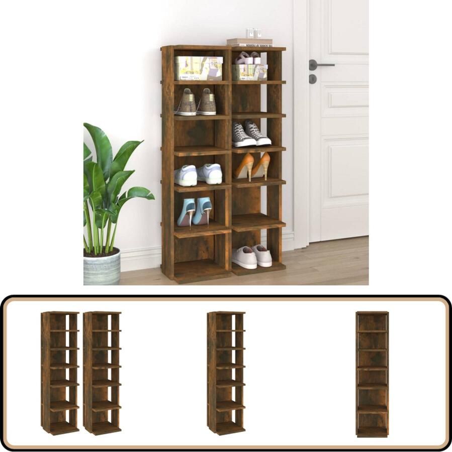 VidaXL Schoenenrekken Gerookt Eiken Set van 2 Schoenenrek Schoenuitstellingen Houten Schoenenrek Schoenenkasten Bergruimte Kastje Schoenen Organisatie Schoenen