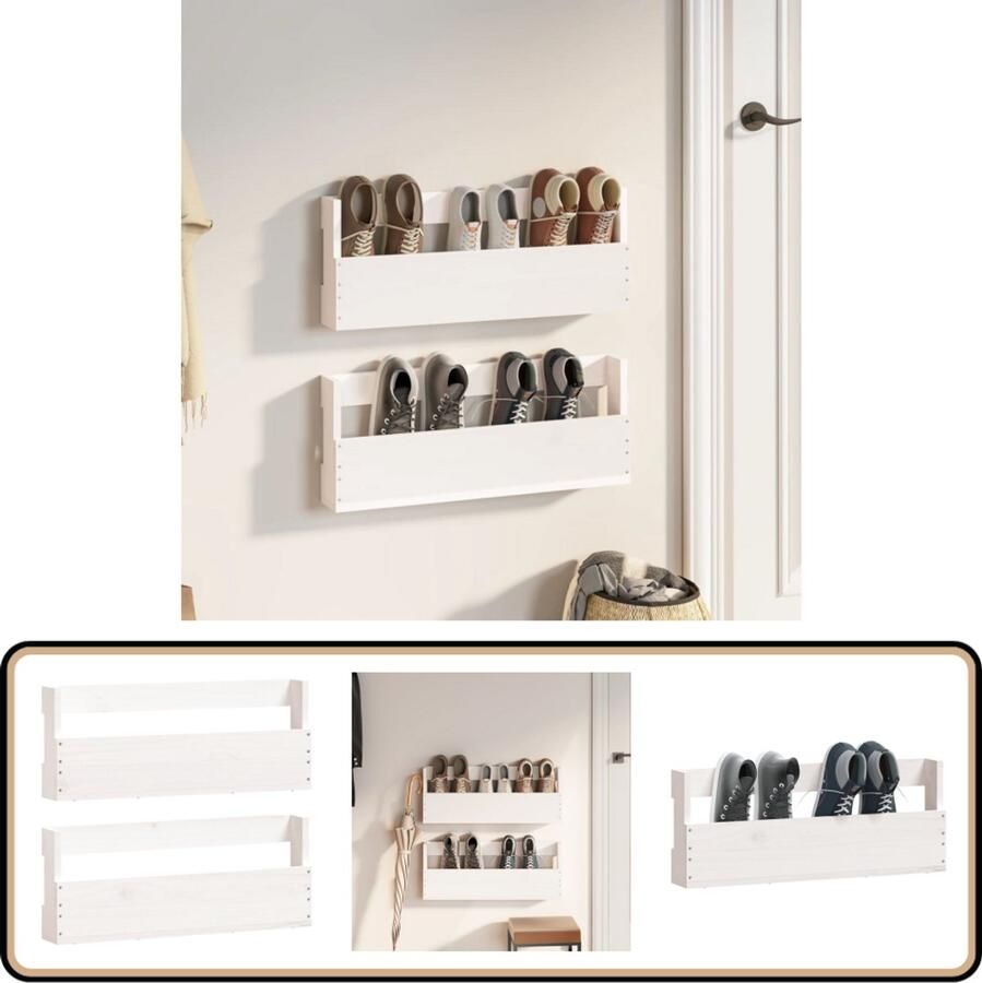 VidaXL Schoenenrekken Set van 2 Grenenhout Wit Wandplank Schoenenrek Schoenenopbergen Hout Grenenhout Witte Meubels Minimalistisch Design Decoratief