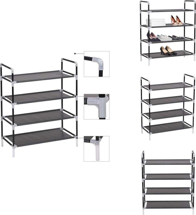 VidaXL Schoenrek Schoenrekken Schoenorganiser Schoenorganisers Schoenenrek met 4 schappen metaal en ongeweven stof zwart