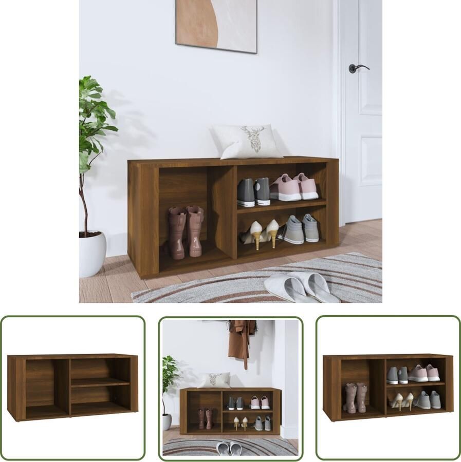 The Living Store Schoenenkast 100x35x45 cm bewerkt hout bruin eikenkleur Schoenenkast Schoenuitleg Bergruimte Houten Meubels Entreebank - Foto 2