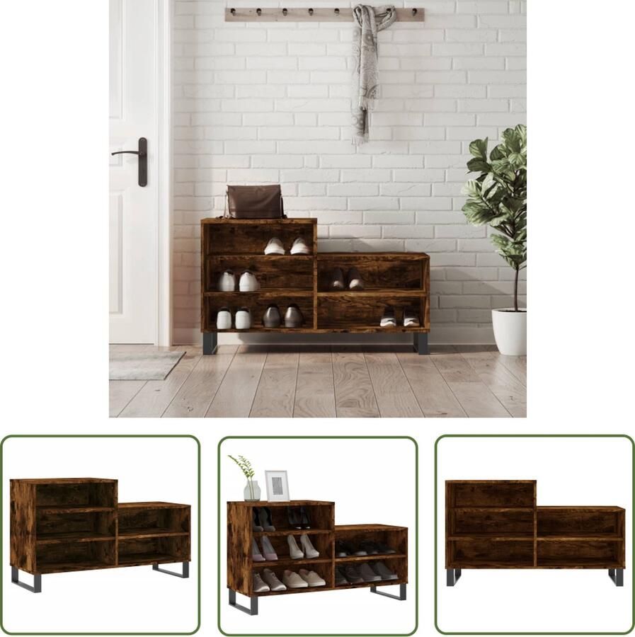The Living Store Schoenenkast 102x36x60 cm bewerkt hout gerookt eikenkleurig Schoenenkast Schoenuitleg Bergruimte Kastje Houten Kast - Foto 2