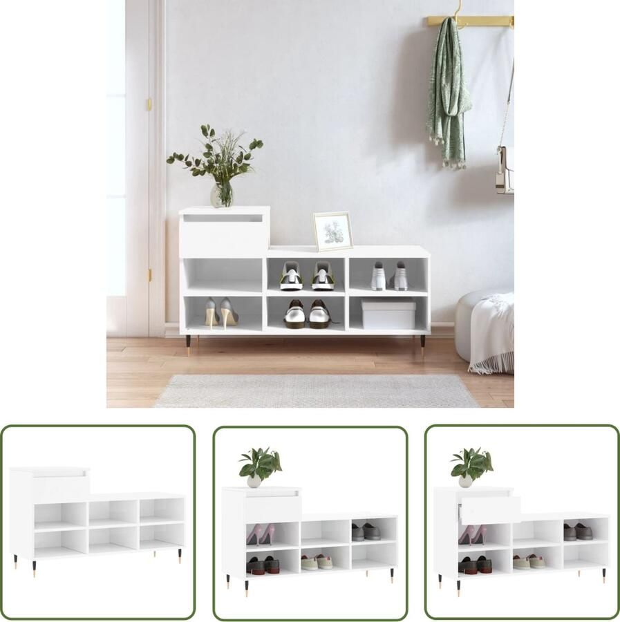 The Living Store Schoenenkast Hoogglans wit 102 x 36 x 60 cm Duurzaam bewerkt hout Schoenenkast Schoenuitleg Bergruimte Organisatie Kast