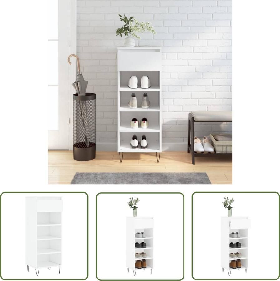 The Living Store Schoenenkast Hoogglans wit 40 x 36 x 105 cm Bewerkt hout en metaal Schoenenkast Schoenuitleg Bergruimte Opslag Organisatie