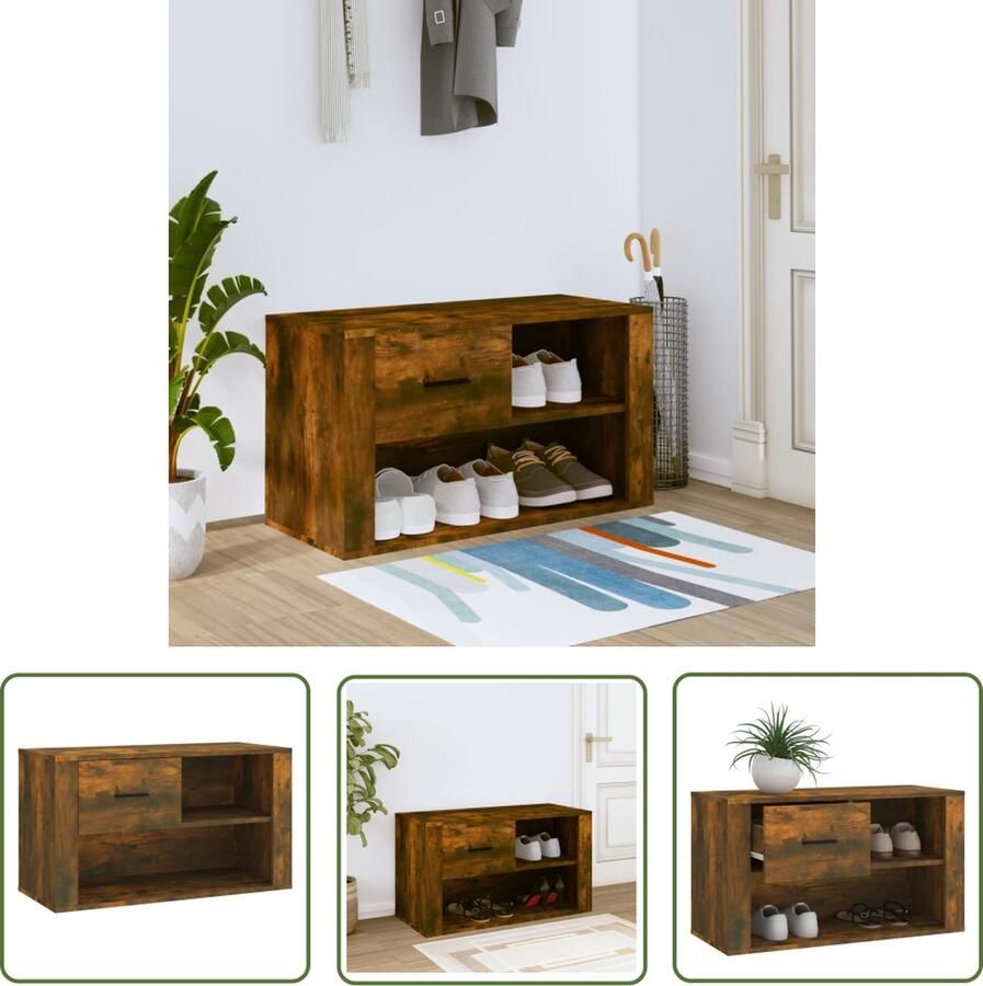 The Living Store Schoenenkast Gerookt eiken 80x35x45 cm Voldoende opbergruimte Schoenenkast Schoenuitleg Bergruimte Kastje Houten Meubels - Foto 2