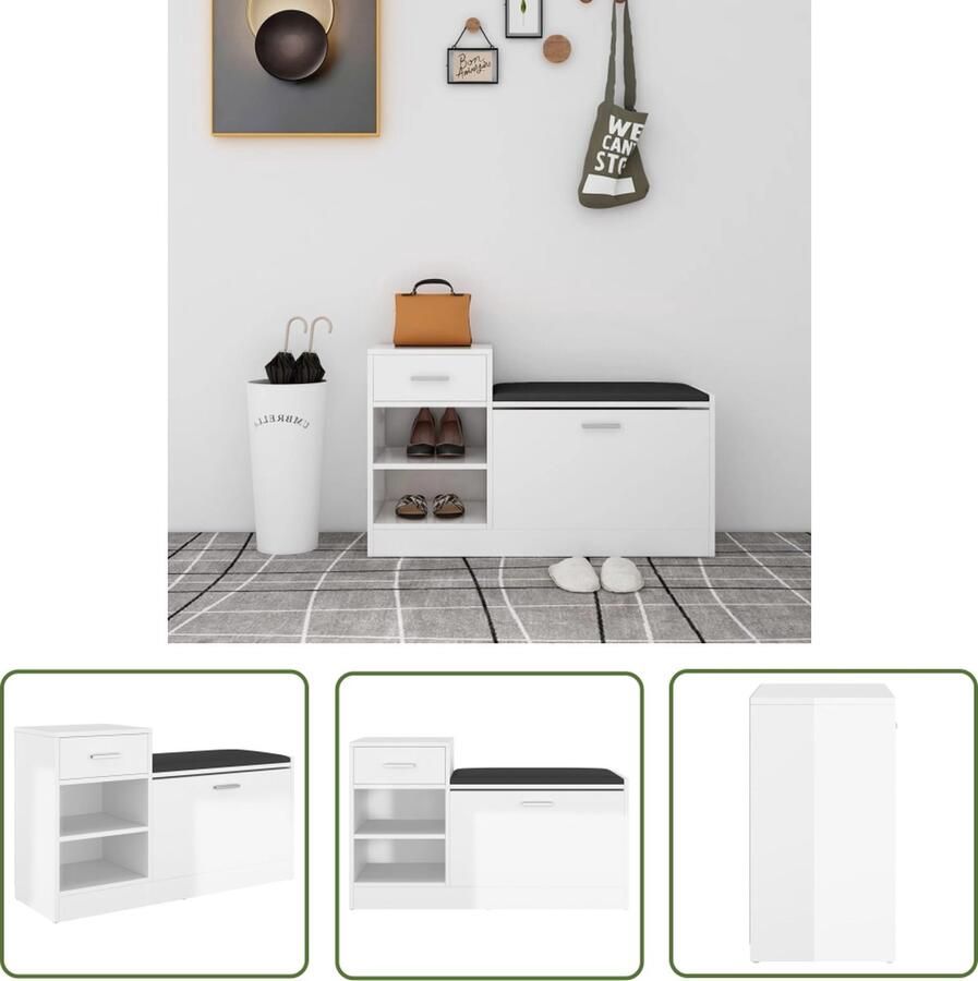 The Living Store Schoenenbank 94 5x31x57 cm bewerkt hout hoogglans wit Schoenenkast Schoenuitleg Meubilair Hal Inbouwsysteem Opbergrek - Foto 2