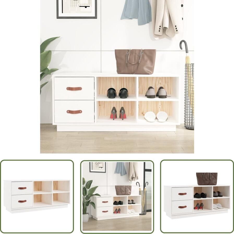 The Living Store Schoenenbank 100x34x45 cm massief grenenhout wit Schoenen Kast Schoenuitlegers Inloopkast Garderobe Bergruimte - Foto 2