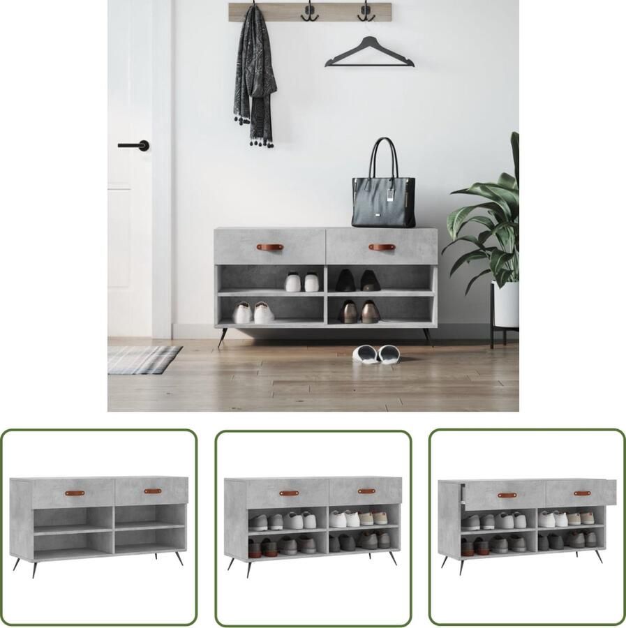 The Living Store Schoenenbank Betongrijs 102 x 35 x 55 cm Duurzaam hout 2 lades en 4 planken Schoenenbank Schoenuitlegers Bergruimte Houten Schoenenbank Grijze Schoenenbank - Foto 5