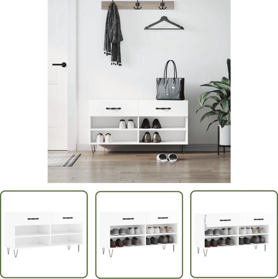 The Living Store Schoenenbank Opbergruimte 102 x 35 x 55 cm Hoogglans Wit Schoenenbank Schoenuitlegers Opbergruimte Houten Bank Witte Bank - Foto 4