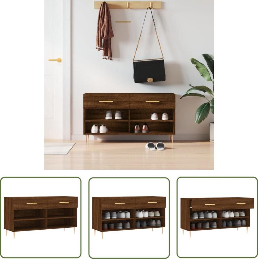 The Living Store Schoenenbank Trendy en praktisch Kleur- Bruineiken Afmetingen- 102 x 35 x 55 cm Duurzaam bewerkt hout en ijzer 2 lades 4 planken Stevig blad Ijzeren poten Montage vereist - Foto 2