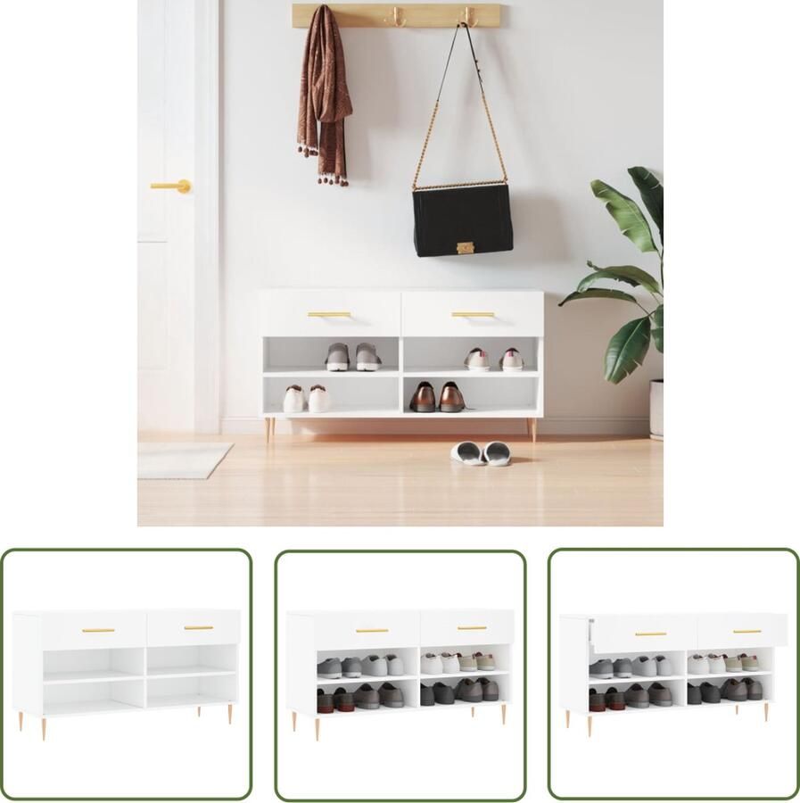 The Living Store Schoenenbank opbergsysteem 102 x 35 x 55 cm Duurzaam hout Wit 2 lades 4 planken Schoenenbank Schoenuitlegers Opbergbenodigdheden Houten Schoenenbank Witte Schoenenbank - Foto 2
