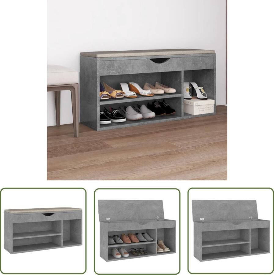 The Living Store Schoenenbank met kussen 104x30x49 cm bewerkt hout betongrijs Schoenenbank Schoenuitlegers Schoenenkasten Entreemeubilair Bergruimte - Foto 2
