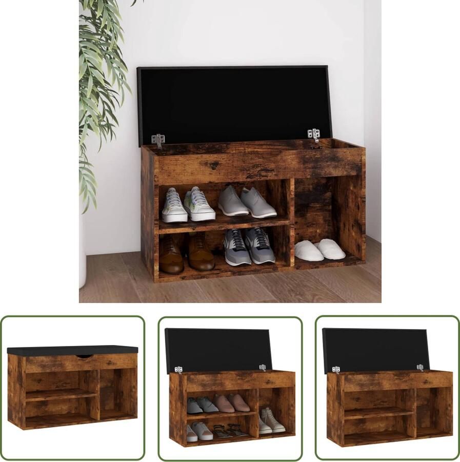 The Living Store Schoenenbank met kussen 80x30x47 cm bewerkt hout gerookt eiken Schoenenbank Schoenuitlegers Meubilair Voor Entree Bergruimte Houten Meubels - Foto 2