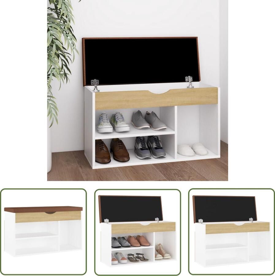 The Living Store Schoenenbank Wit en Sonoma Eiken 80x30x47 cm Opbergbank met Kussen Schoenenbank Schoenuitlegers Opbergruimte Meubilair Woonkamerdecoratie - Foto 2