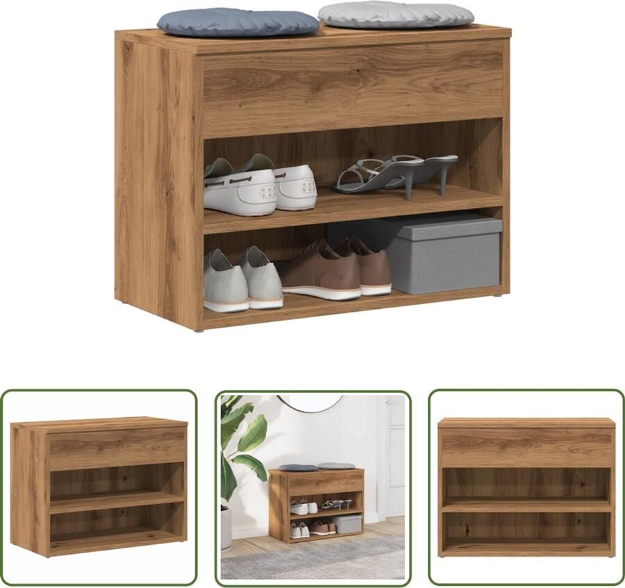 VidaXL Schoenuitlegers Schoenenbank Schoenenbankje 60x30x45 cm bewerkt hout artisanaal eikenkleur Houten Schoenenrek Opbergbench Entree Meubel