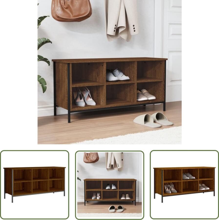 The Living Store Schoenenkast Bruineiken 100x35x50 cm Stabiel materiaal IndustriÃle stijl Veelzijdige functie Schoenenkast Schoenuitlegers Bergruimte Entreehal Industrieel Design - Foto 2