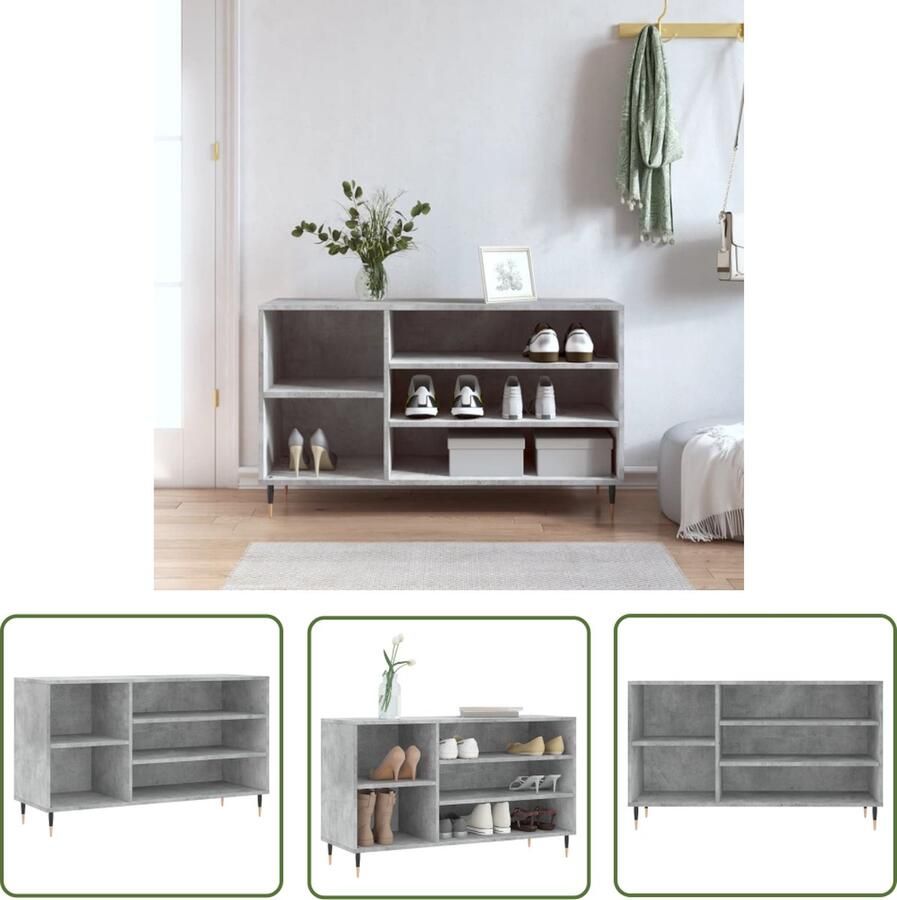 The Living Store Schoenenkast Betongrijs 102x36x60 cm Duurzaam hout 5 vakken Stevig blad Metalen poten Schoenenkast Schoenuitlegers Bergruimte Houten Kast Grijze Kast