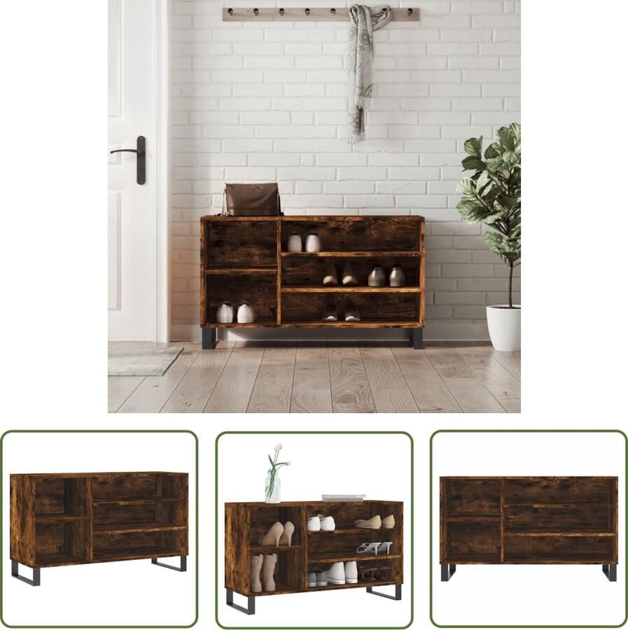 The Living Store Schoenenkast Gerookt Eiken 102x36x60 cm Bewerkt Hout en Metaal Schoenenkast Schoenuitlegers Bergruimte Houten Schoenenkast Bruine Schoenenkast