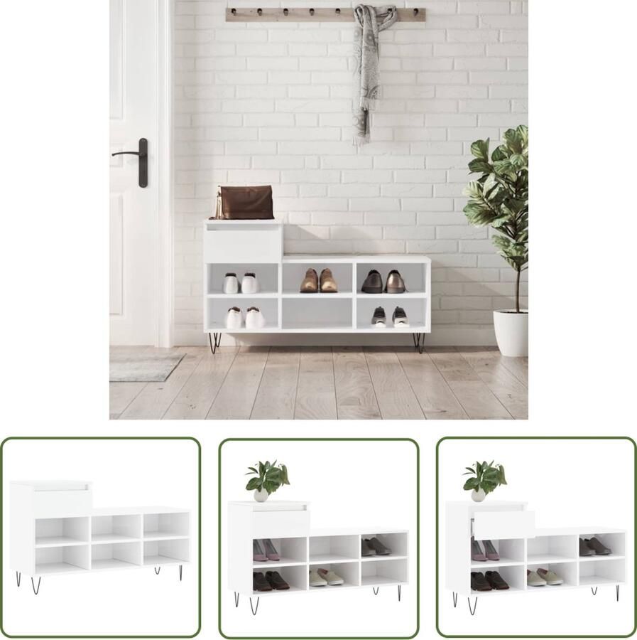 The Living Store Schoenenkast Bewerkt hout 102 x 36 x 60 cm Hoogglans wit Schoenenkast Houten Schoenenkast Witte Schoenenkast Schoenen Organisatie Opbergruimte