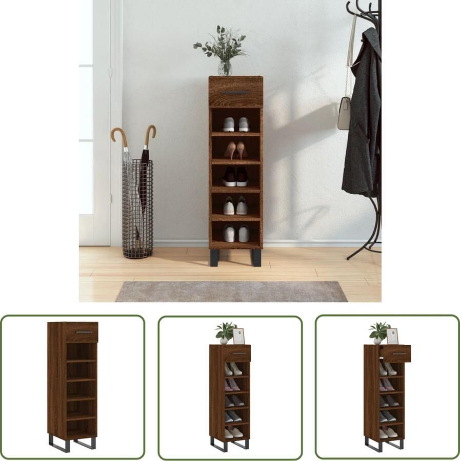 The Living Store Schoenenkast 30x35x105 cm bewerkt hout bruin eikenkleur Schoenenkast Schoenuitlegers Bergruimte Houten Kast Vintage Kast - Foto 2