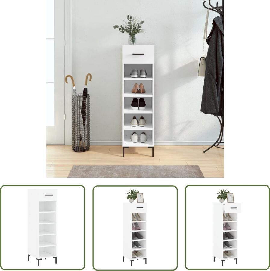 The Living Store Schoenenkast 30x35x105 cm bewerkt hout wit Schoenenkast Schoenuitlegers Bergruimte Houten Kast Wit Meubel - Foto 2
