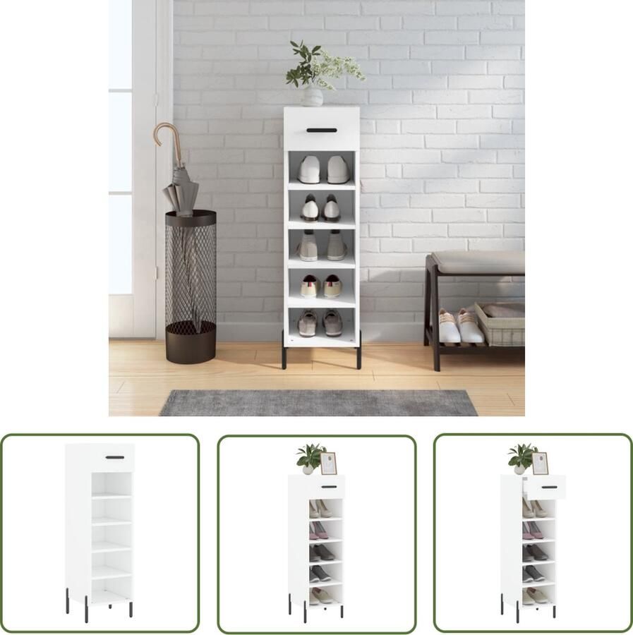 The Living Store Schoenenkast Elegant 30 x 35 x 105 cm Bewerkt hout ijzer en zinklegering Wit Schoenenkast Schoenuitlegers Bergruimte Houten Kast Witte Kast - Foto 2