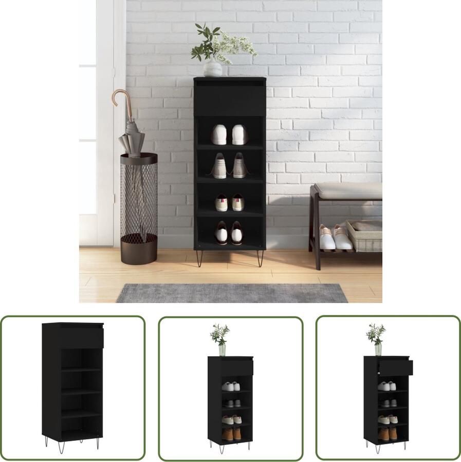 The Living Store Schoenenkast 40x36x105 cm bewerkt hout zwart Schoenenkast Schoenuitlegers Bergruimte Opslagkasten Houten Schoenenkast