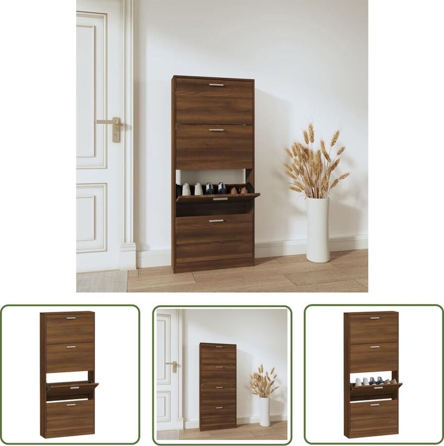 The Living Store Schoenenkast 59x17x150 cm bewerkt hout bruin eikenkleur Schoenenkast Schoenuitlegers Bergruimte Houten Kast Bruin - Foto 2