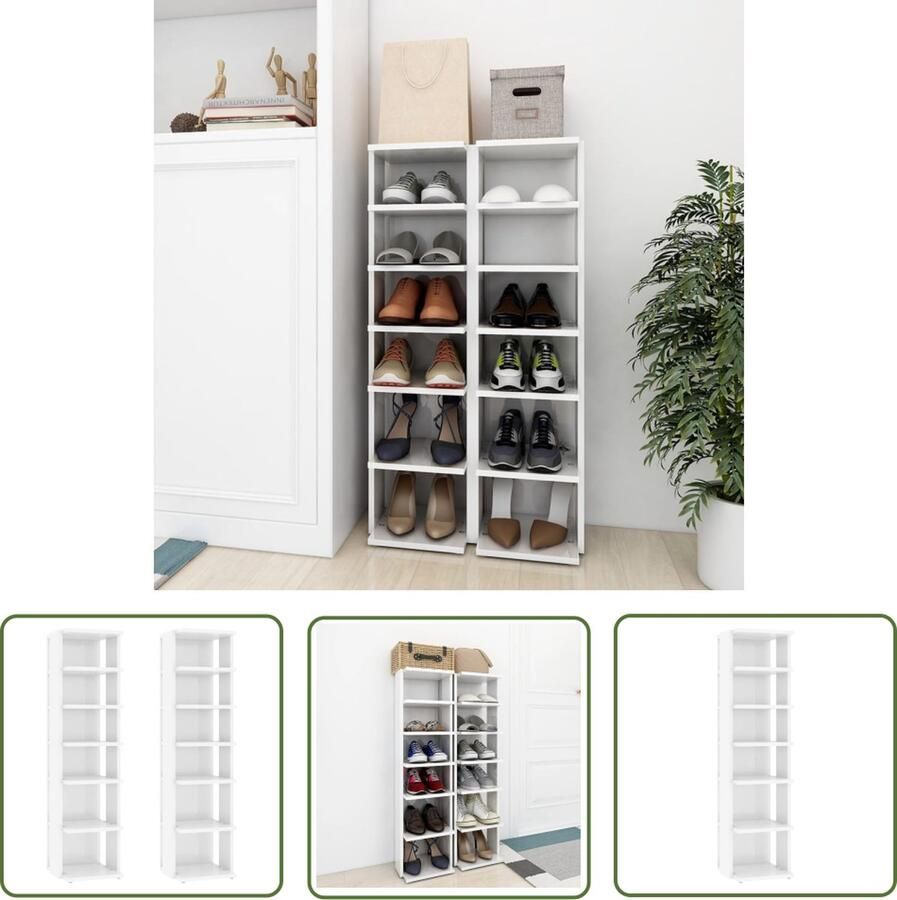 The Living Store Schoenenkast Bewerkt Hout 27.5 x 27 x 102 cm Hoogglans Wit Schoenenkast Schoenuitlegers Bergruimte Organisatie Houten Schoenenkast - Foto 2