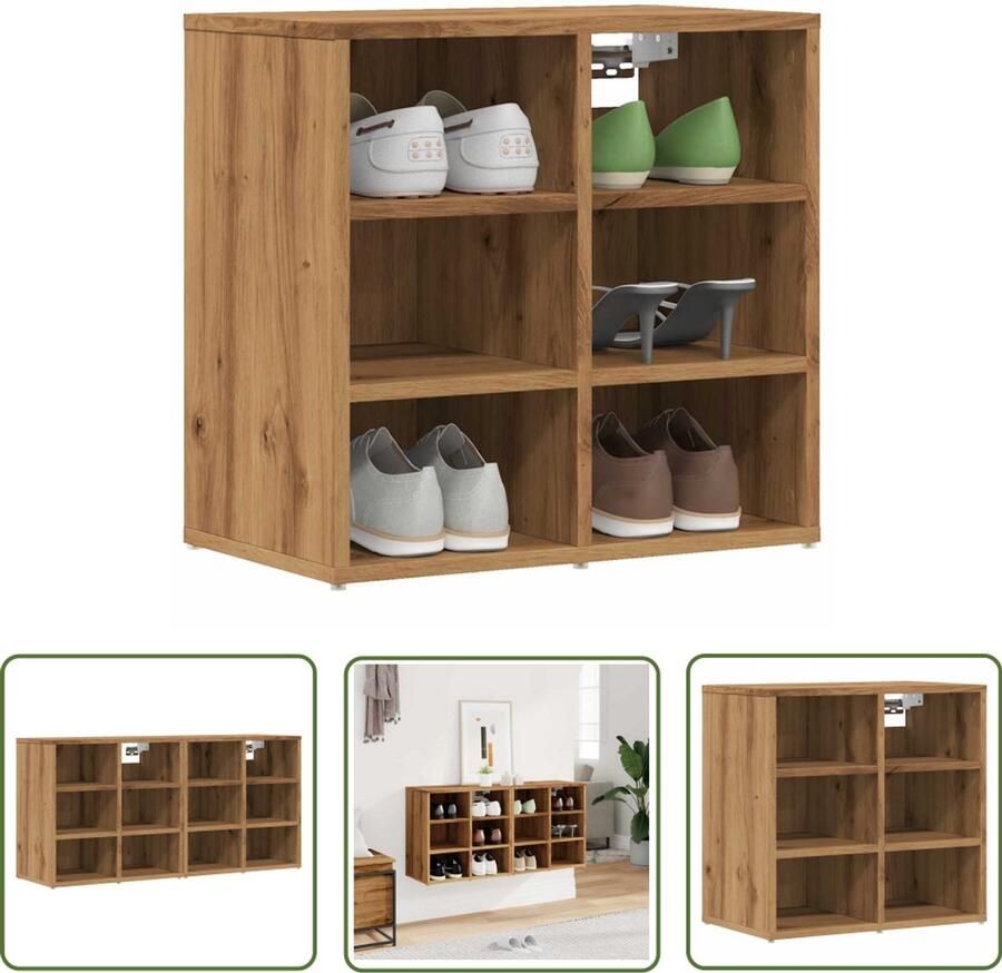 The Living Store Schoenenkasten 2 st 52x30x50 cm artisanaal eiken Schoenen Kast Schoenuitlegger Bergruimte Houten Schoenenkast Vintage Schoenenkast