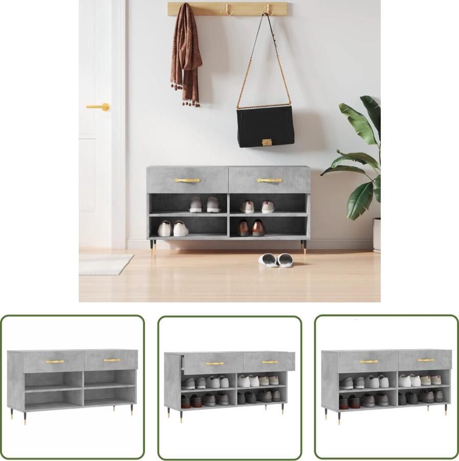 The Living Store Opbergbank Betongrijs Schoenenbank met opbergruimte 102 x 35 x 55 cm Duurzaam hout en ijzer Schoenenbank Opbergbank Schoenuitlegger Bergruimte Houten Bank - Foto 3