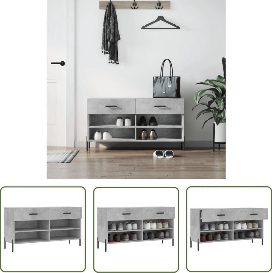 The Living Store Schoenenbank Betongrijs 102 x 35 x 55 cm Duurzaam bewerkt hout 2 lades en 4 planken Stabiel met ijzeren poten Schoenenbank Schoenuitlegger Bergruimte Houten Bank Grijze Bank - Foto 2