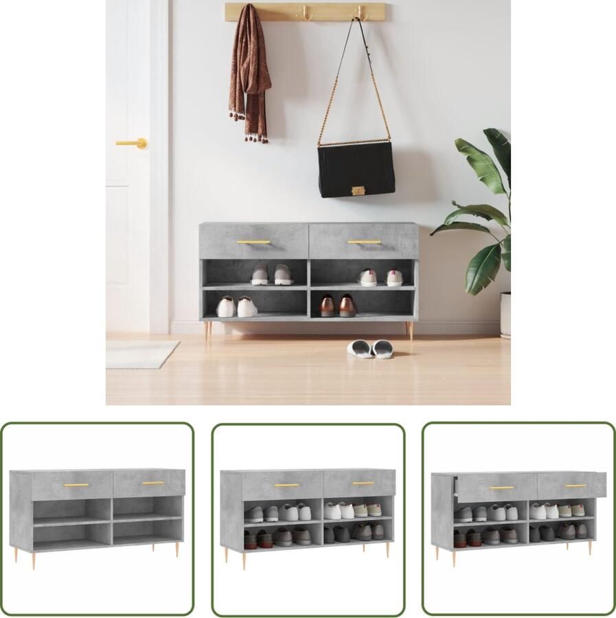 The Living Store Schoenenbank Betongrijs 102 x 35 x 55 cm Met 2 lades 4 planken Schoenenbank Schoenuitlegger Bergruimte Opbergmeubel Entree Bank - Foto 2