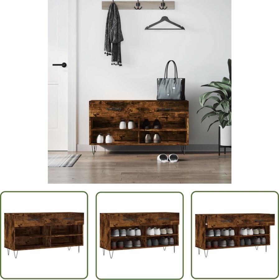 The Living Store Schoenenbank Industrieel 102 x 35 x 55 cm Gerookt eiken Montage vereist Schoenenbank Schoenuitlegger Bergruimte Industrieel Design Houten Bank - Foto 2