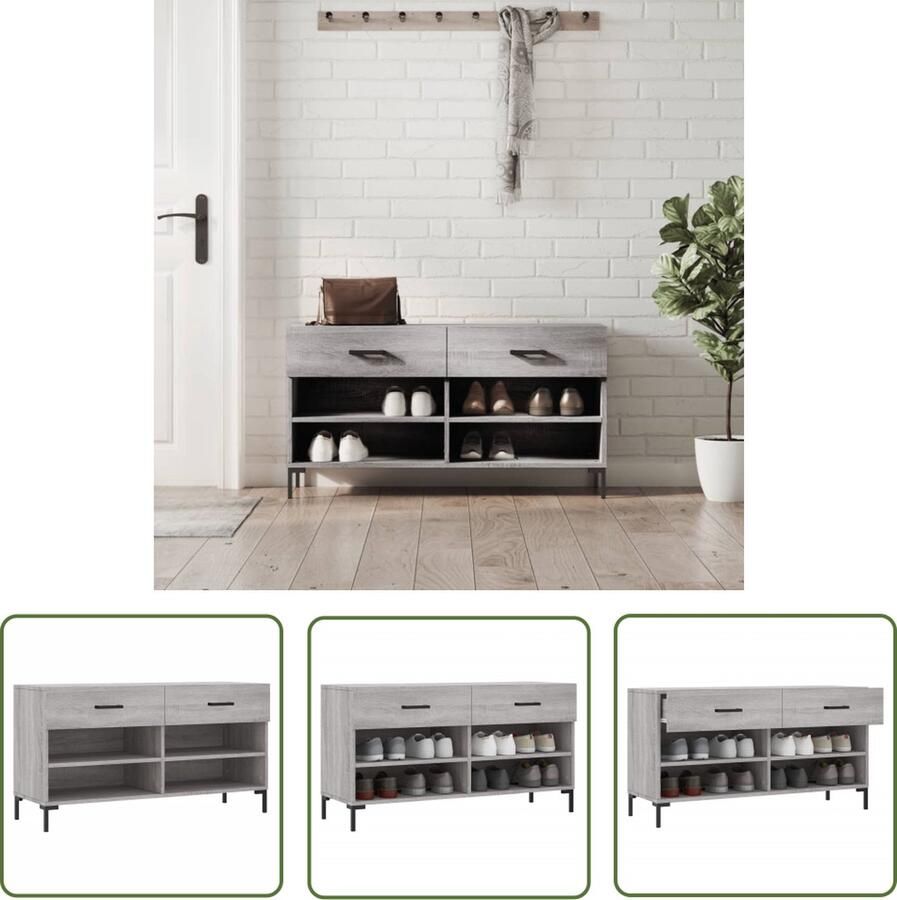 The Living Store Schoenenbank Industrial 102x35x55 cm Grijs Sonoma Eiken Duurzaam hout 2 lades 4 planken Schoenenbank Schoenuitlegger Houten Bank Industrieel Design Bergruimte - Foto 2