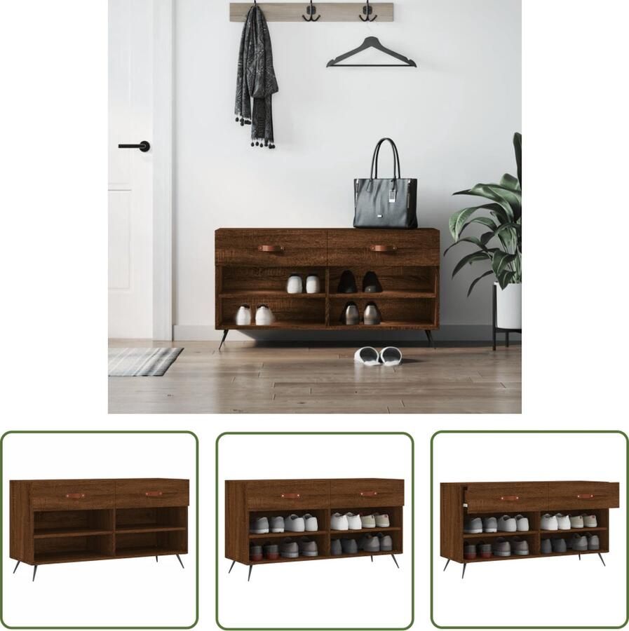 The Living Store Schoenenbank Bruineiken 102 x 35 x 55 cm Duurzaam materiaal Veel opbergruimte Stevig blad Ijzeren poten Schoenenbank Schoenuitlegger Bergruimte Kastje Houten Bank - Foto 2