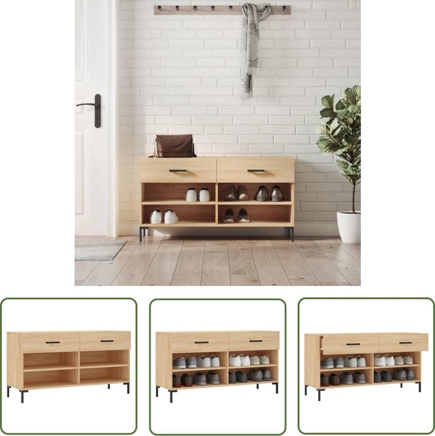 The Living Store Schoenenbank Sonoma Eiken 102 x 35 x 55 cm Duurzaam Hout Opbergruimte Stabiel IndustriÃle Stijl Schoenenbank Schoenuitlegger Bergruimte Houten Bank Industrieel Design - Foto 3