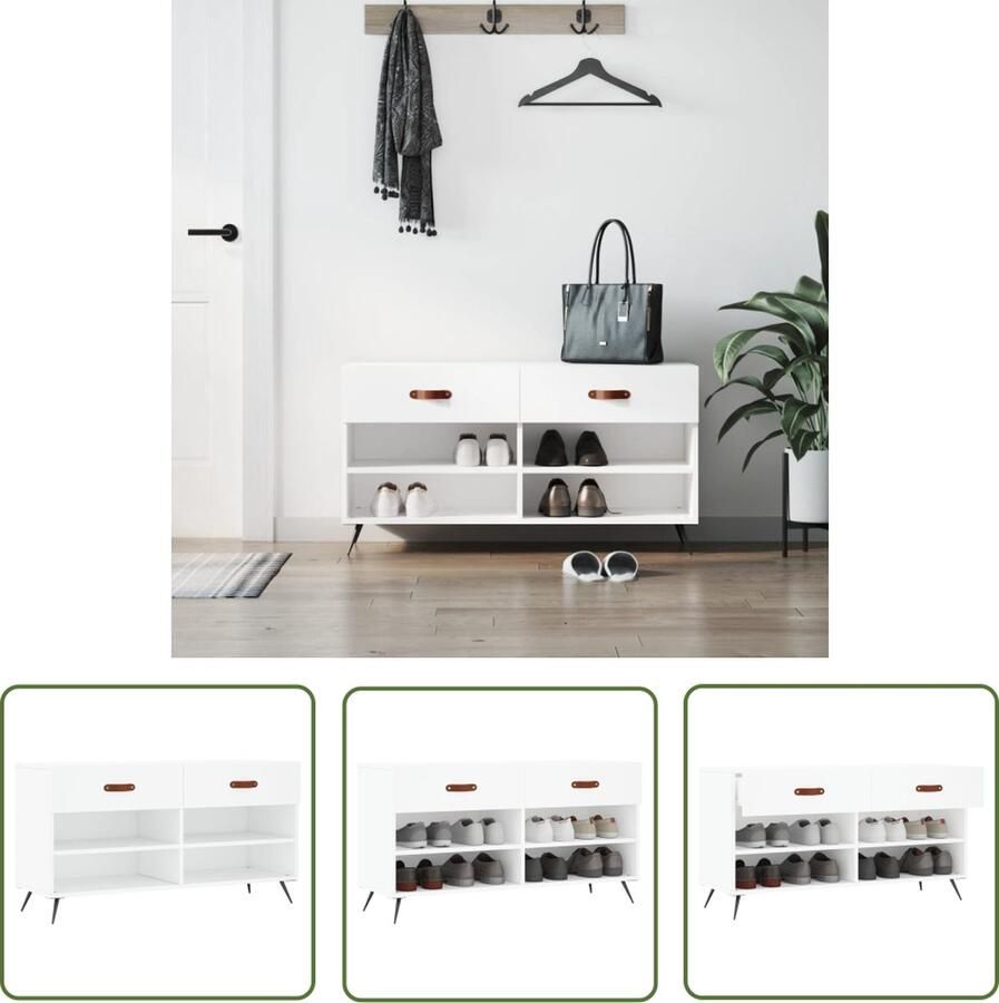 The Living Store Schoenenbank Hout en Ijzer 102 x 35 x 55 cm Wit Schoenenbank Schoenuitlegger Bergruimte Houten Schoenenbank Industrieel Design - Foto 2