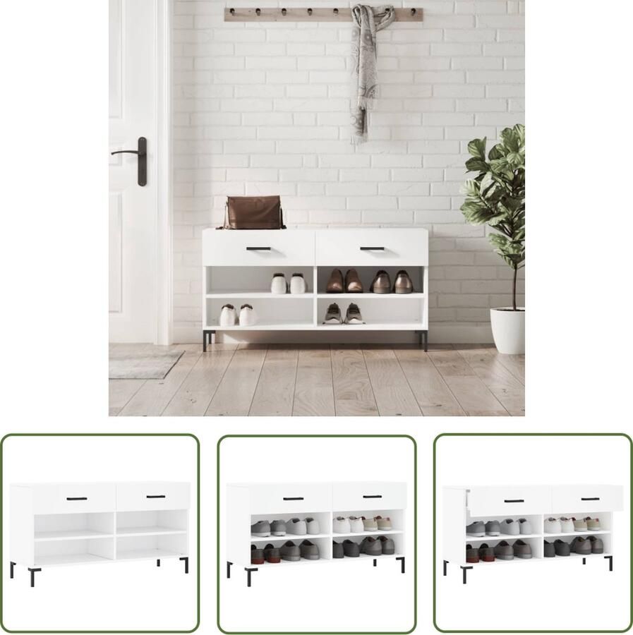 The Living Store Schoenenbank Trendy en praktische Meubelen 102 x 35 x 55 cm Wit Duurzaam hout Schoenenbank Schoenuitlegger Opbergmeubel Houten Bank Witte Bank - Foto 2