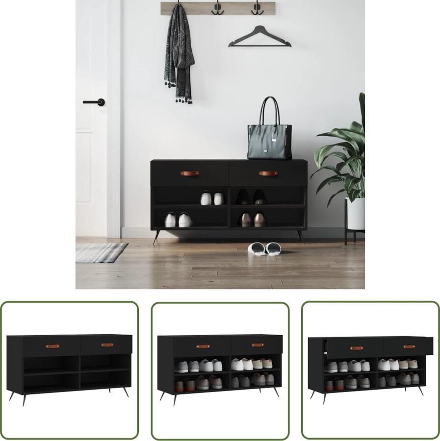 The Living Store Schoenenbank Hout en IJzer 102 x 35 x 55 cm Zwart Schoenenbank Schoenuitlegger Houten Bank Zwarte Bank Inloopkast Accessoires - Foto 2