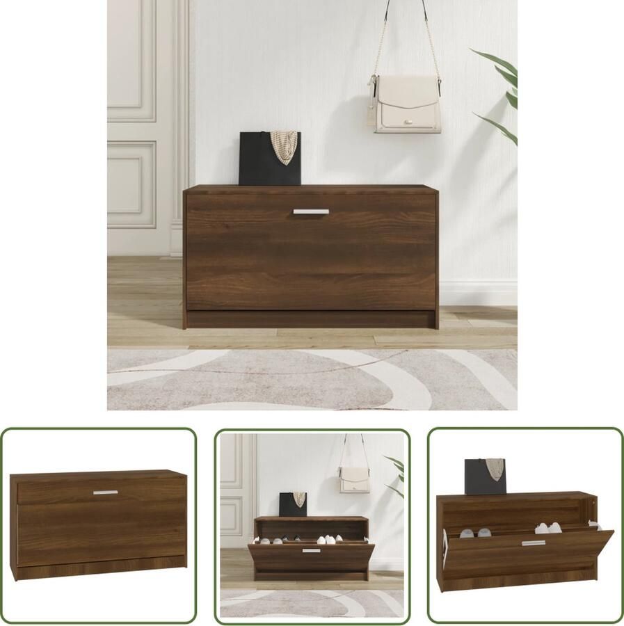The Living Store Schoenenbank Trendy praktisch Bruineiken 80 x 24 x 45 cm (B x D x H) Schoenenbank Schoenuitlegger Bergruimte Kast Met Zitplaats Houten Bank - Foto 2