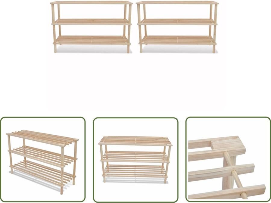 The Living Store Schoenenrek 3-laags massief vurenhout 74 x 26 x 48.5 cm Schoenendoos Schoenuitlegger Houten Schoenenkast Schoenenrekje Bergruimte - Foto 2